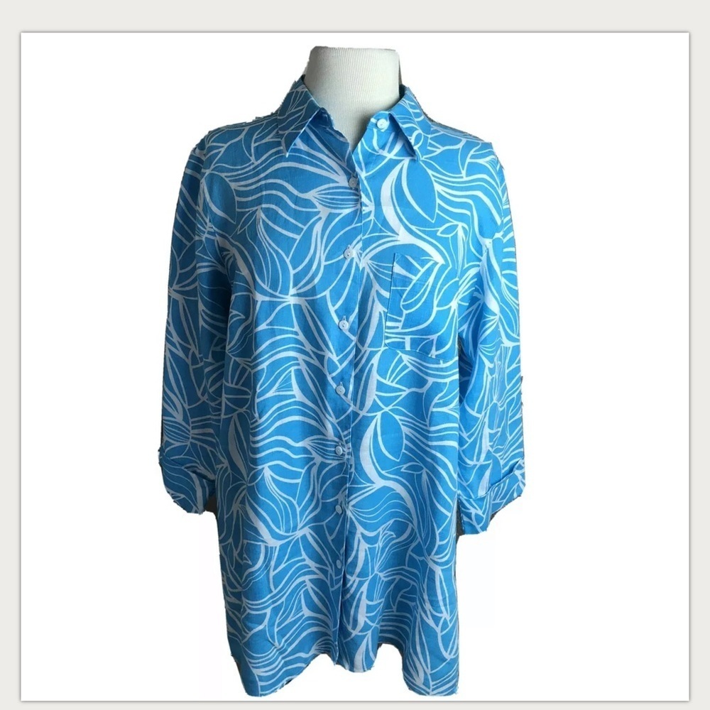 Shaped Fit 100% LINEN Top Blouse 3/4 Sleeve blue white Sz 14